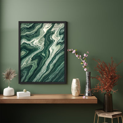 Art mural abstrait vert marbré - motif moderne tourbillonnant en émeraude profonde et blanc, œuvre d'art contemporaine pour le salon ou la salle à manger