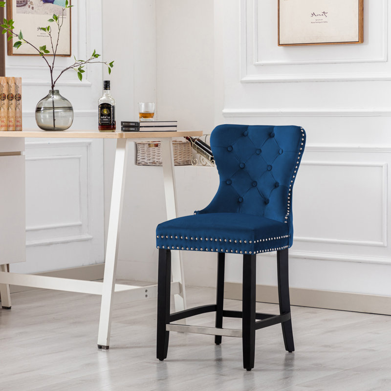 Tabouret de bar et de comptoir Kirsten, Tabouret de comptoir (siège d’une hauteur de 24, Bleu / cadre gris antique