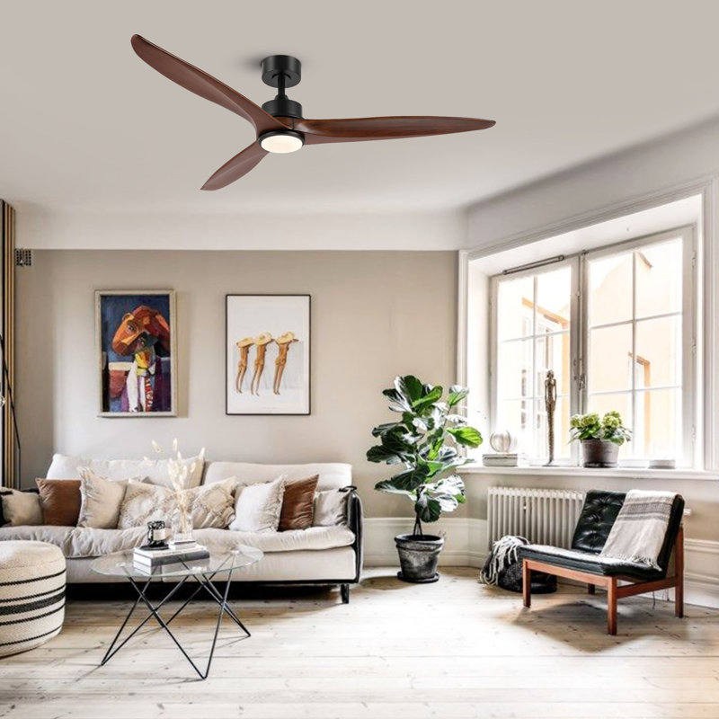 Antinisha 60" Solid Wood 3-Blade Propeller LED Ceiling Fan with Light Kit and Remote Control, Walnut