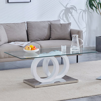 Table basse en panneau de fibres à densité moyenne, plateau en verre de style contemporain avec base blanche