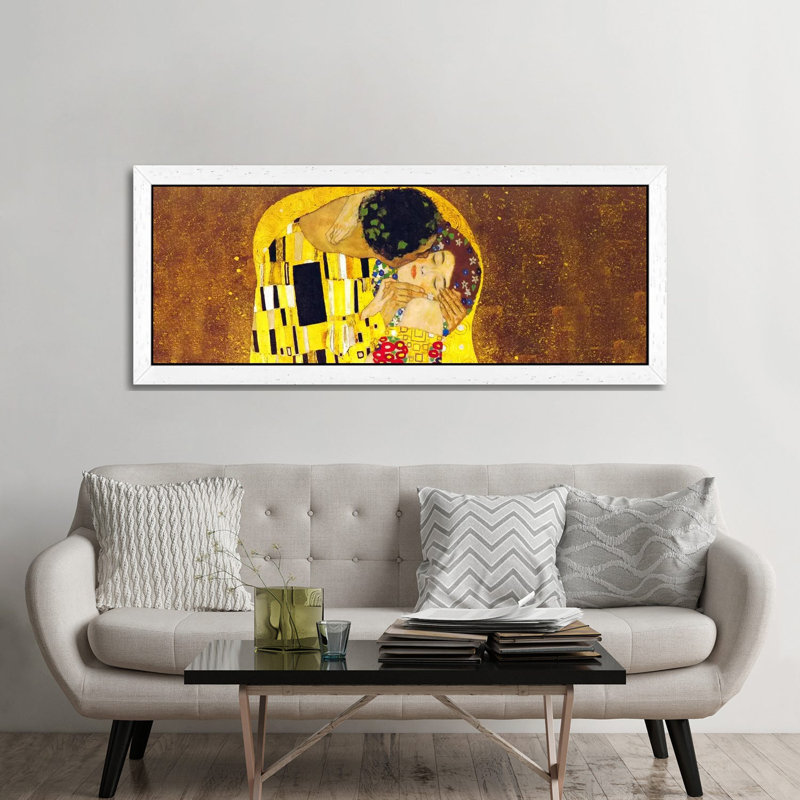 The Kiss by Gustav Klimt - Floater Frame Panoramic Painting on Canvas, White, 30.48 cm H x 91.44 cm W