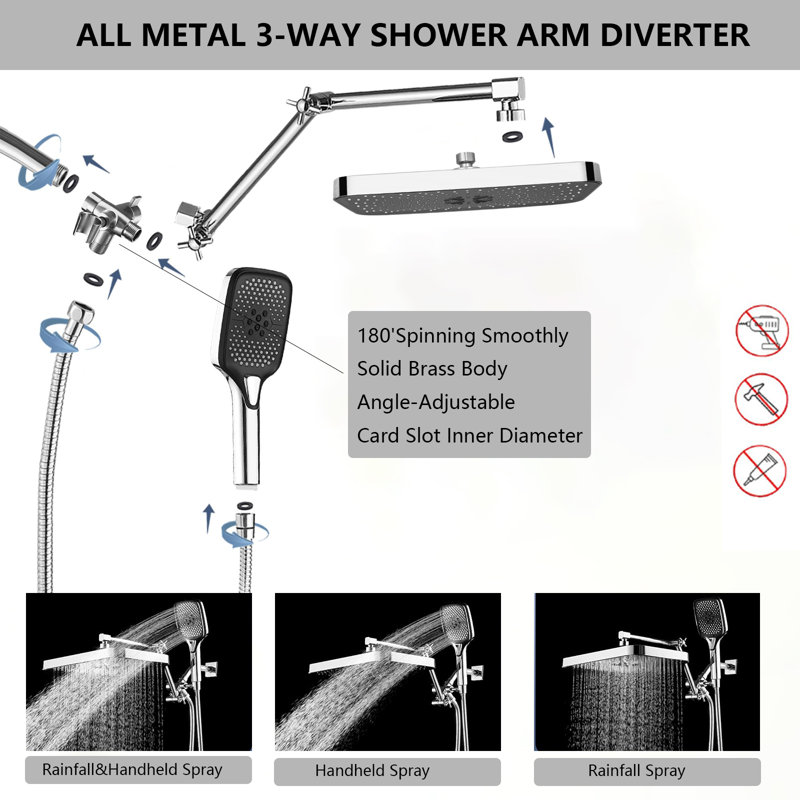 Dual Shower Head With Handheld Spray - High Pressure Rainfall Shower System, 3+1 Spray Modes, Includes 3-Way Diverter & Adjustable Extension Arm