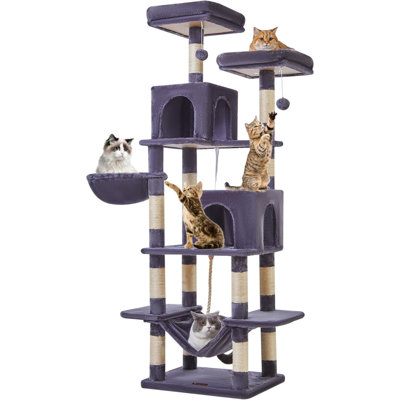Arbre à chat, tour de chat 71,7 pouces pour chats d'intérieur, condo pour chat à plusieurs niveaux avec 13 poteaux à griffer, 2 perchoirs, 2 grottes, hamac, 2 pompons, gris fumé MS013LG