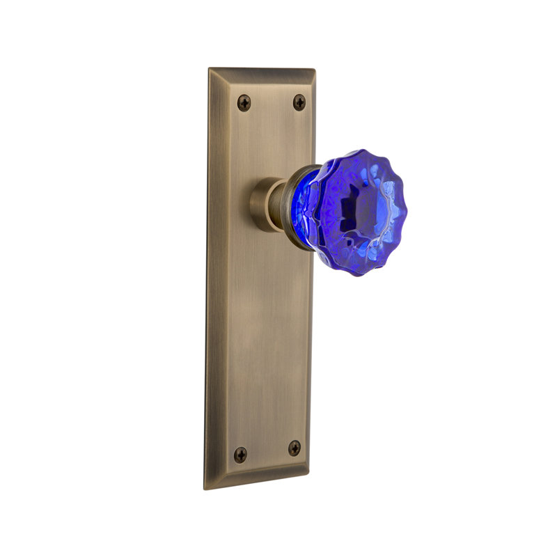 Plaque avec bouton de porte cobalt en cristal New York, Laiton antique