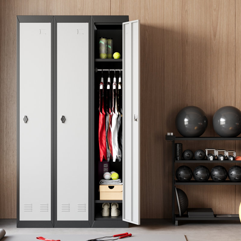 Armoire de rangement en acier de 72 po de hauteur avec serrure, tablettes réglables et tringle de suspension, organisateur en métal robuste pour bureau, école, gymnase, garage, entrepôt, ventilé et résistant à la rouille, gris clair et noir