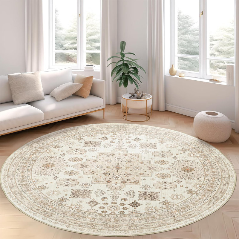 Tapis lavable antidérapant Medallion (crème), Rond 6 pi