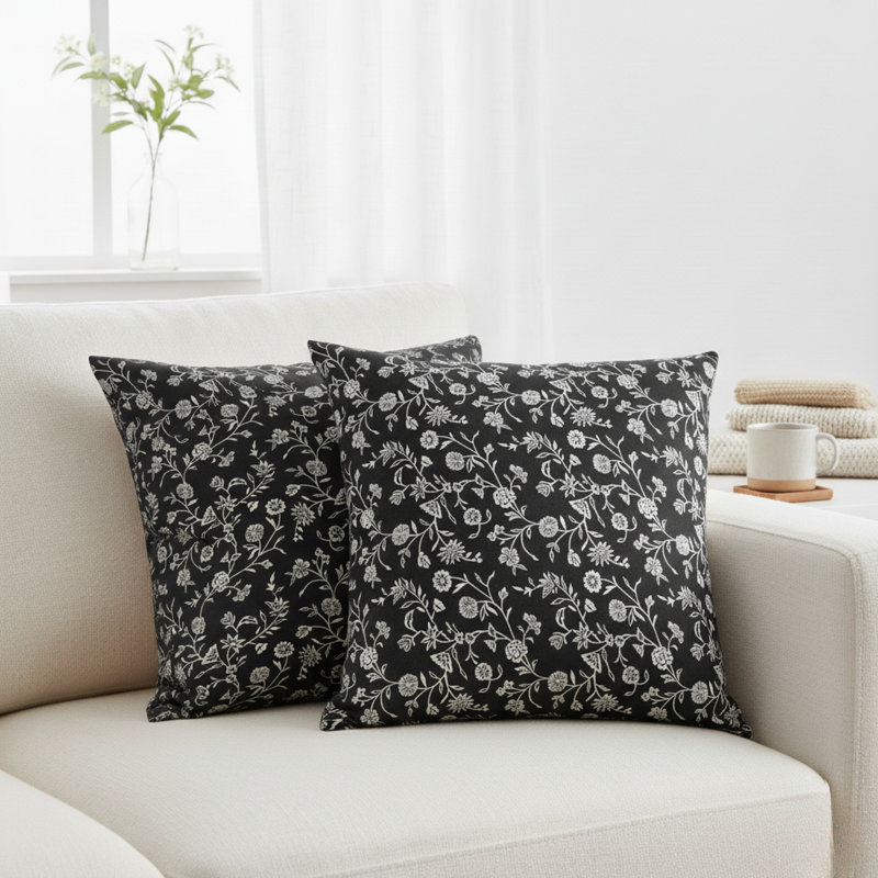 Floral Pillow Covers Vintage Flowers On Vine Design, Cotton Cushion Cover With Botanical Pattern Pack of 2, 18"H x 18"W