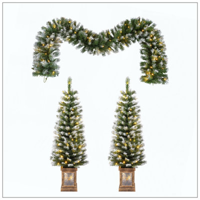 Artificial Christmas 3-Piece Set Wreath And Set Of 2 Entrance Trees X-Mas With LED Lights Easy Assembly