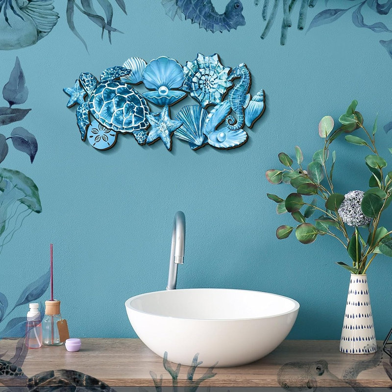 Summer Ocean Wall Decor – Coastal Wooden Seahorse, Sea Turtle, Starfish & Shell Wall Hanging For Home, Pool & Living Room