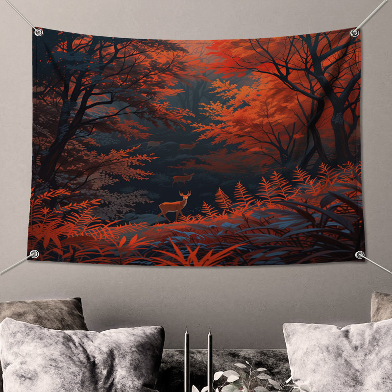 Tapisserie murale «Autumn Forest Deer» - Décoration murale cerf, H 104 po x 88 avec 4 œillets