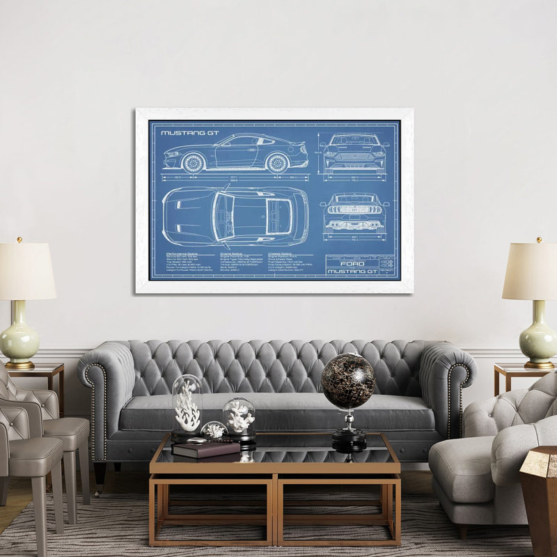 Mustang GT (2018-2020) Blueprint by Action Blueprints - Floater Frame Print on Canvas, White Framed, 66.04 cm H x 45.72 cm W