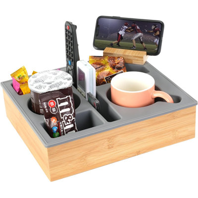 Plateau de porte-gobelet en bambou en silicone, support de canapé anti-déversement gris avec support de téléphone rotatif