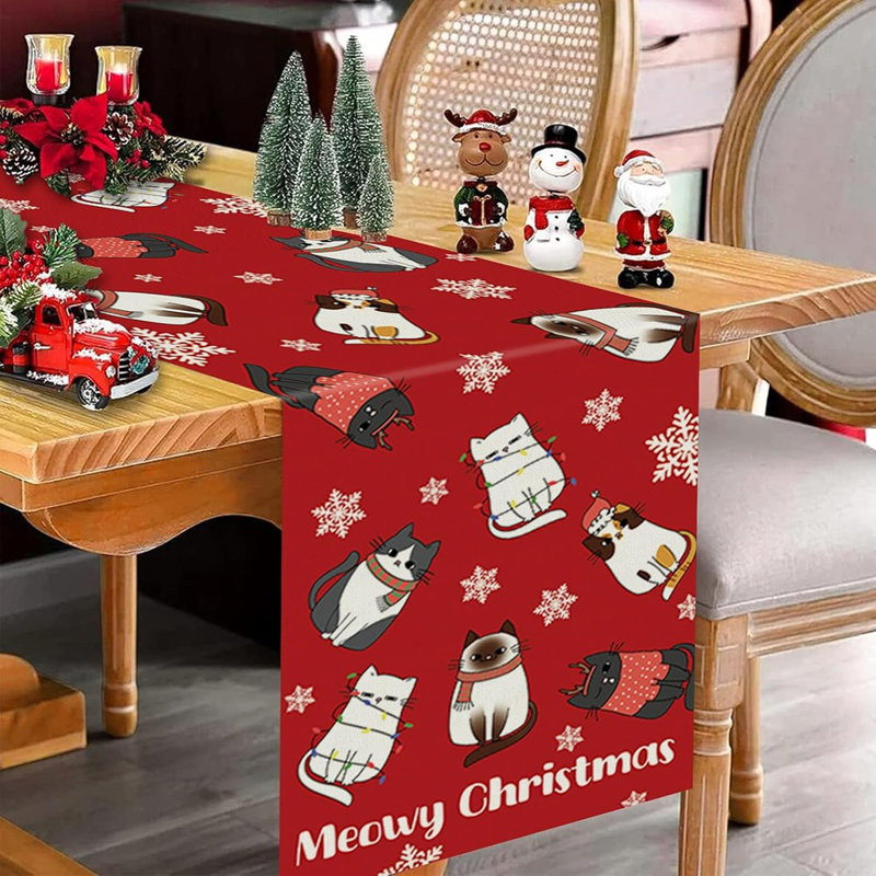 Chat chemin de table de Noël Meowy flocon de neige rouge décoration de table pour l'hiver Noël vacances cuisine salle à manger fête à la maison 13 x 72 pouces