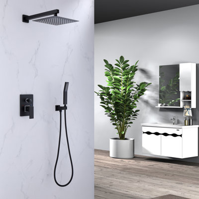 10" Square Rainfall Shower Head and Handle Set, Solid Brass Wall Mounted Shower Fixtures with Pressured-Balanced Valve