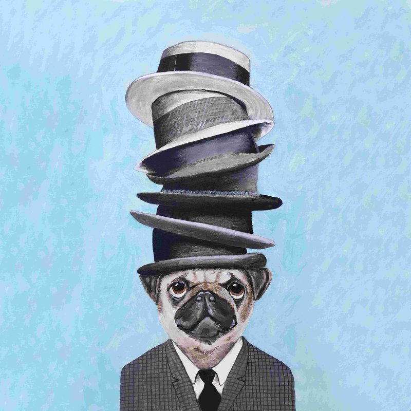 Carlin avec des chapeaux empilés - Peinture, Non, H 12 po x l 12 po, Toile tendue