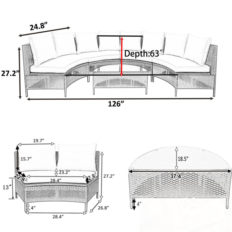 Ensemble modulaire d'extérieur en rotin 5 pièces avec coussin moelleux et plateau de table en verre PE, Beige
