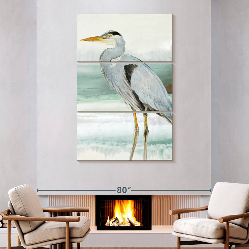 Bramon héron sur verre de mer I, H 74 po x l 48 po