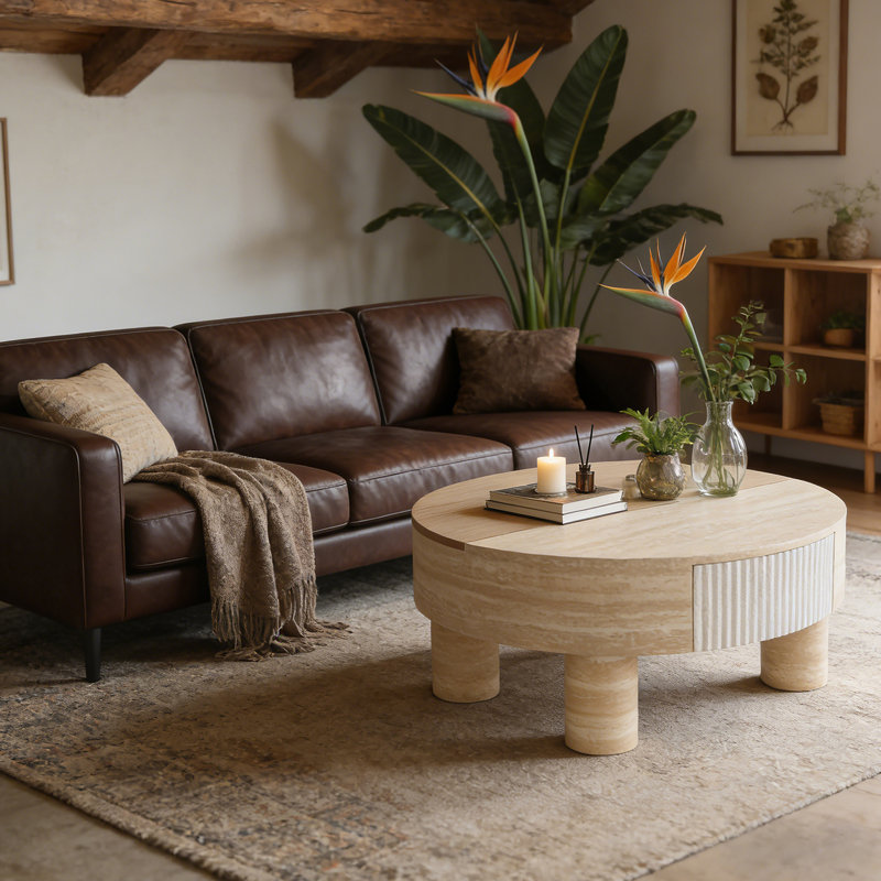 Table basse ronde avec plateau rabattable et compartiment de rangement caché