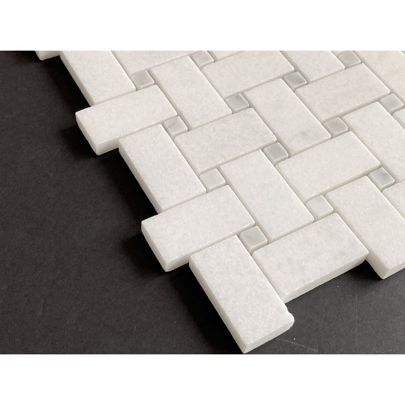 Thassos White with Gray Dot Basketweave  Wall & Floor Mosaic Tile, Thassos White with White Carrara Dot