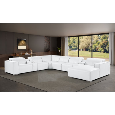 White Right-Facing 8-Piece L-Shaped Sectional in Genuine Leather with 2 Power Recliner & Adjustable Headrests