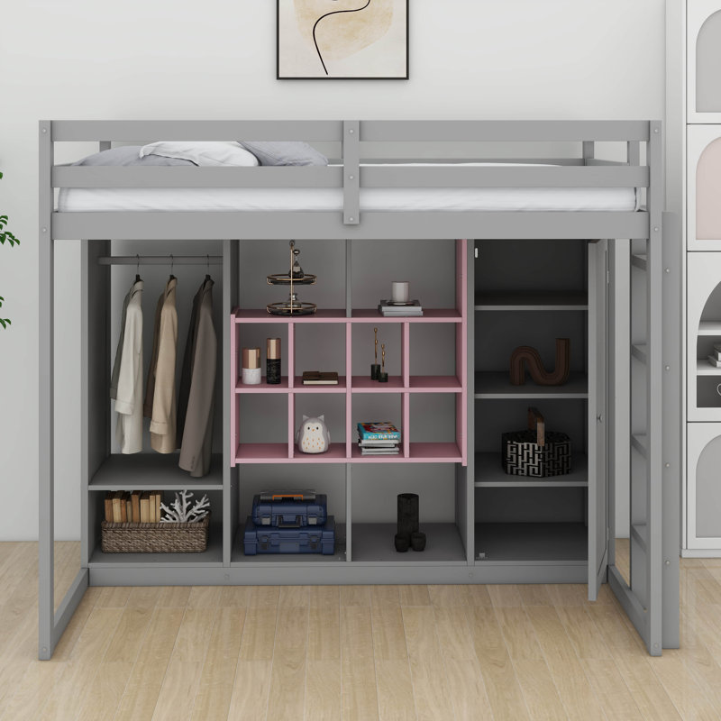 Lit mezzanine pour enfants avec garde-robe et tablettes, structure de lit mezzanine en bois avec armoire de rangement pour enfants