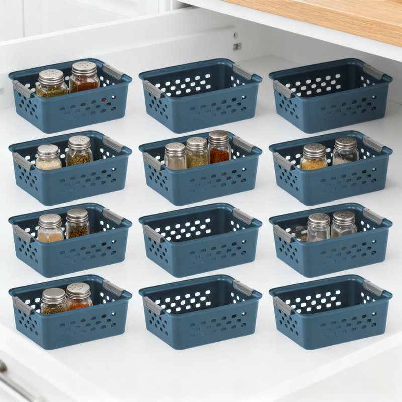 Recycled Plastic Storage Basket Organizer, 12-Pack Small Nestable Bins For Pantry, Cabinet, Closet, Laundry Room, And Home Organization