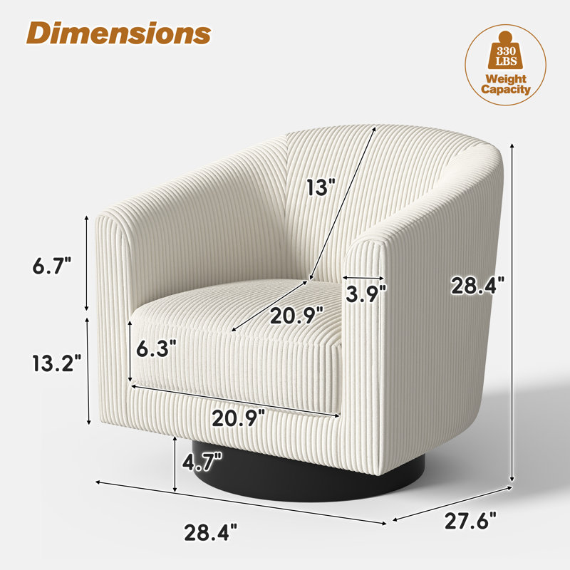 Fauteuil demi-tonneau pivotant Corduroy, Blanc, crème