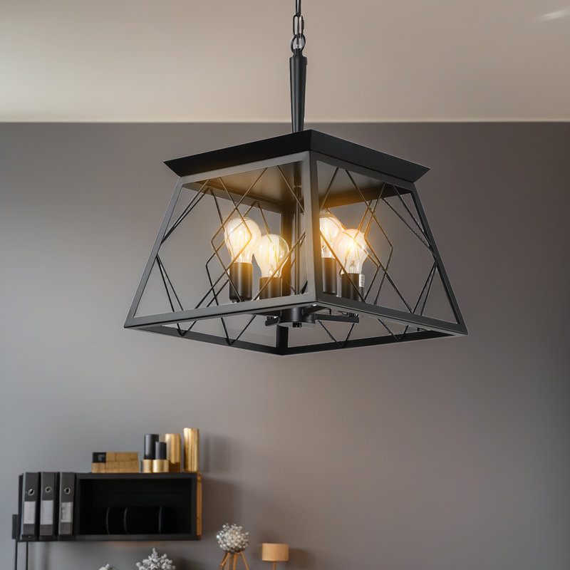 ??4-Light Farmhouse Chandelier Pendant Light - Adjustable Height - Rustic Steel Design - For Dining Room & Kitchen, Black