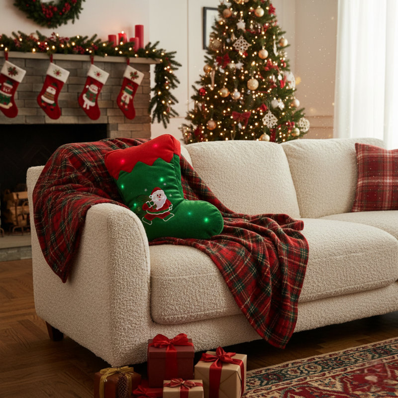Lighted Green Stocking Christmas Pillow