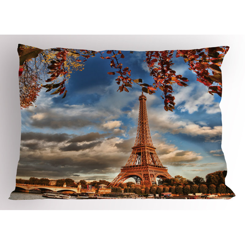 Ambesonne Eiffel Tower Pillow Sham 2 Pack Eiffel Tower with Boat Dark Orange Cinnamon, 20"H x 26"W