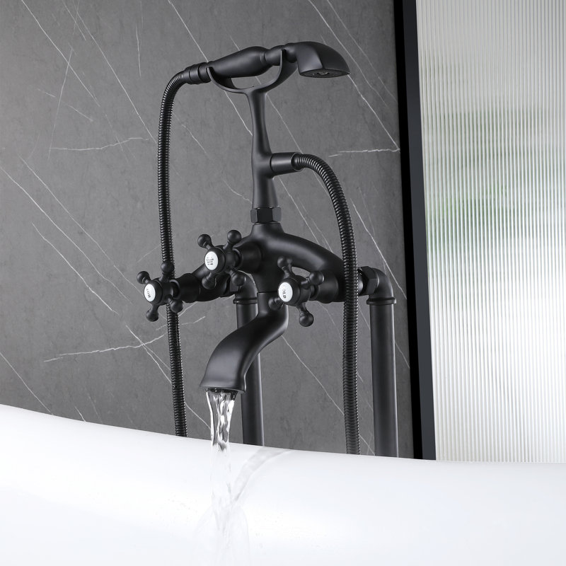 39.37" Solid Brass Freestanding Bathtub Faucet, Floor Mount Tub Filler with Handheld Spray Telephone Shape, Black