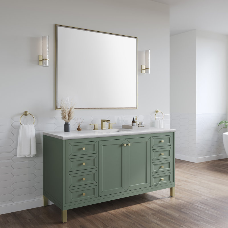 Chicago 60'' W Double Vanity, Smokey Celadon, Carrara White, 8" Widespread