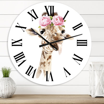 Portrait d'une girafe avec des fleurs I - Horloge murale de ferme