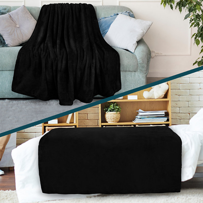 Black Luxury Fleece Throw Blanket for Sofa and Bed