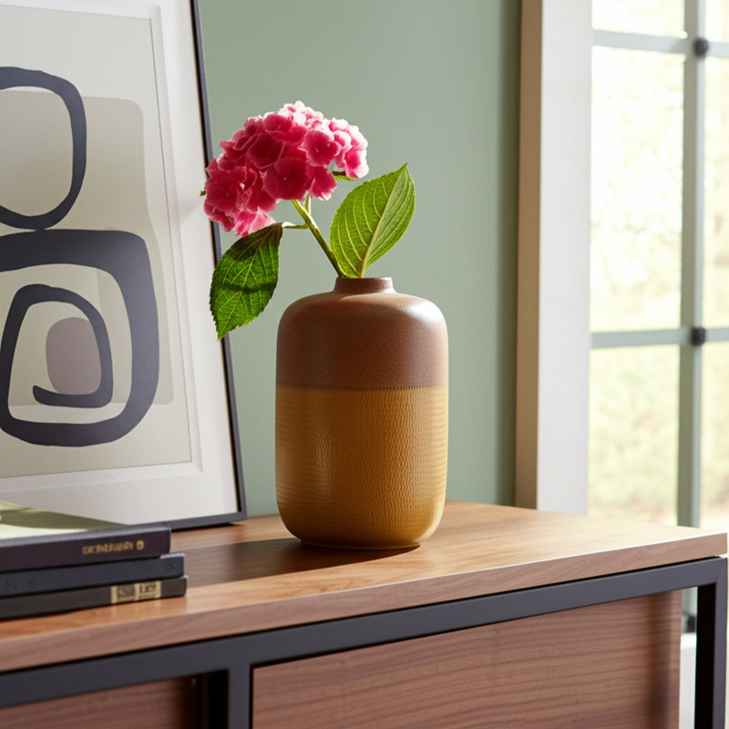 Contemporary Round Ceramic Tall Flower Vase with Glazed Finish for Home Decor - Modern Table Vase for Living Room or Entryway Accent - Brown & Yellow