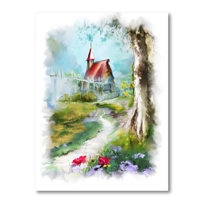 Petite maison avec toit rouge dans la forêt - peinture sur toile