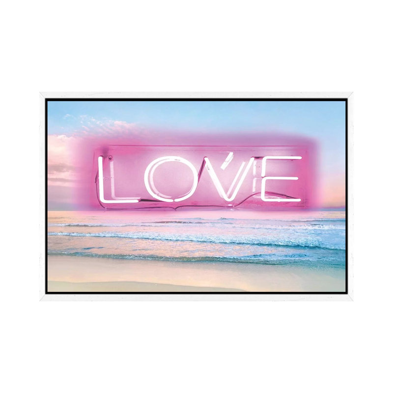 Neon Love Beach Pink On Black by Hailey Carr - Print on Canvas, White Framed, 66.04 cm H x 45.72 cm W