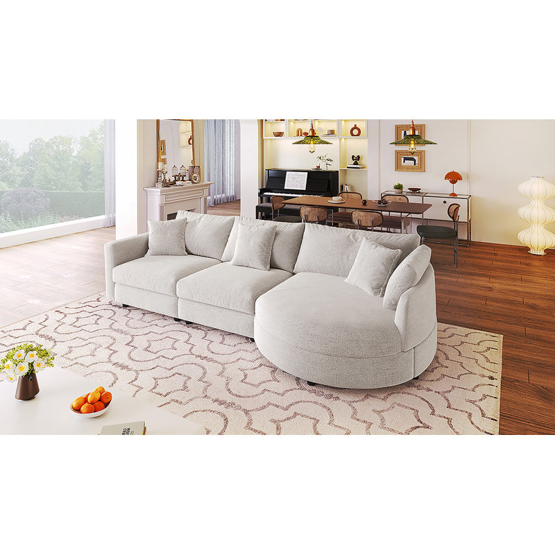 Canapé modulaire en chenille 3 pièces 107 po avec méridienne courbée et 3 coussins décoratifs 107 po, Beige