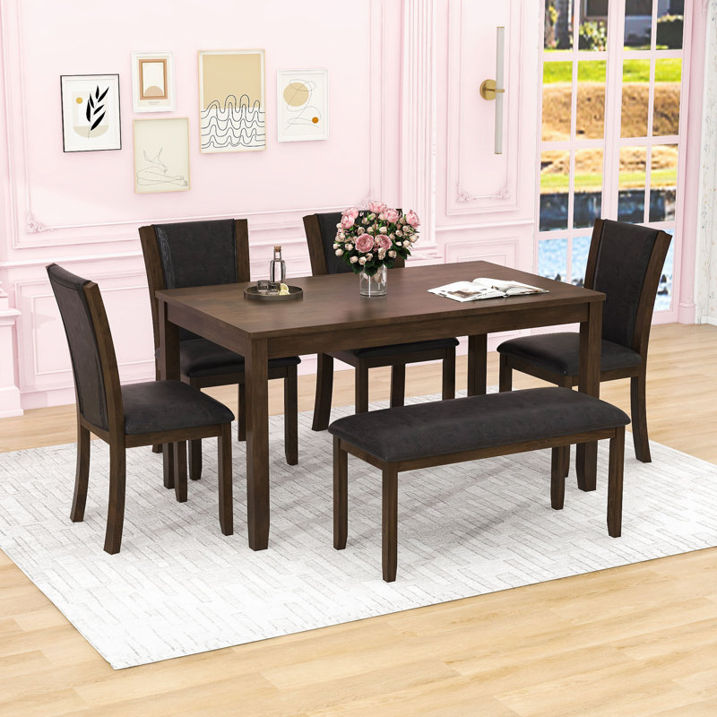 Ensemble de table de salle à manger avec banc et 4 chaises rembourrées, Noyer foncé