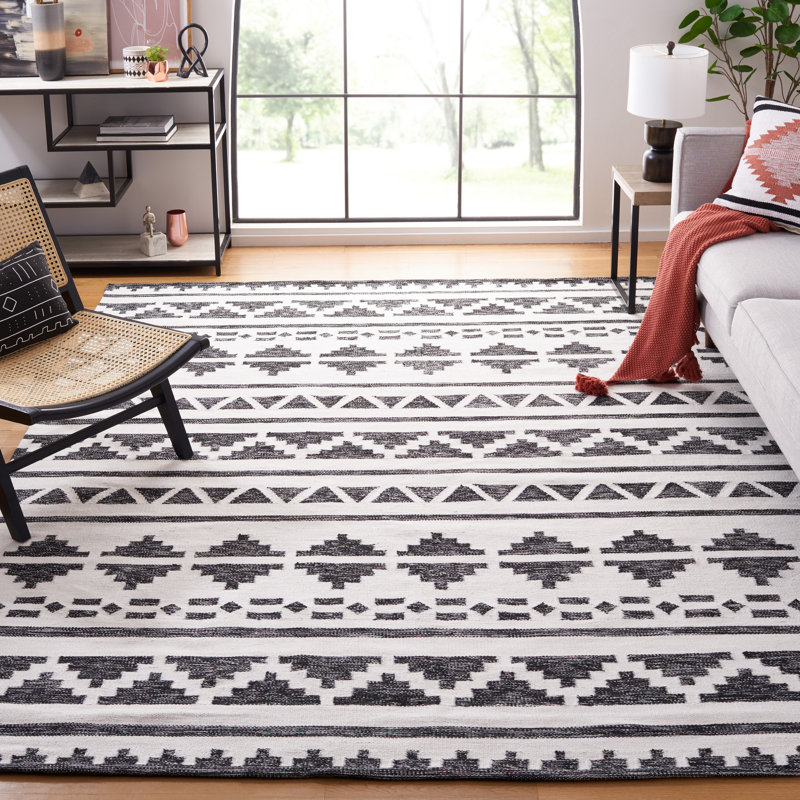 Black and Ivory Geometric Flat Woven Synthetic Area Rug, 8' x 10'