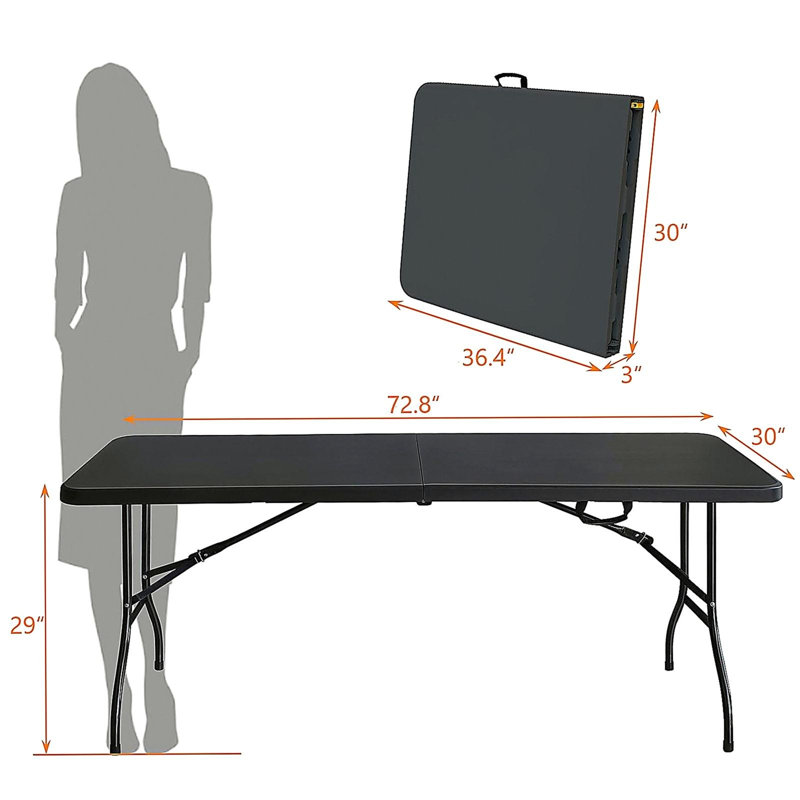 Table pliante 6 pi, table en plastique portative pour le camping, les pique-niques, les fêtes, table pliable à port élevé noir