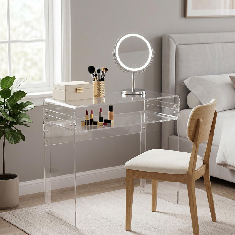 Bureau 33,5 po en acrylique transparent avec tablette de rangement, bureau d'écriture transparent moderne avec structure en acrylique épais pour chambre à coucher, dortoir et bureau personnel