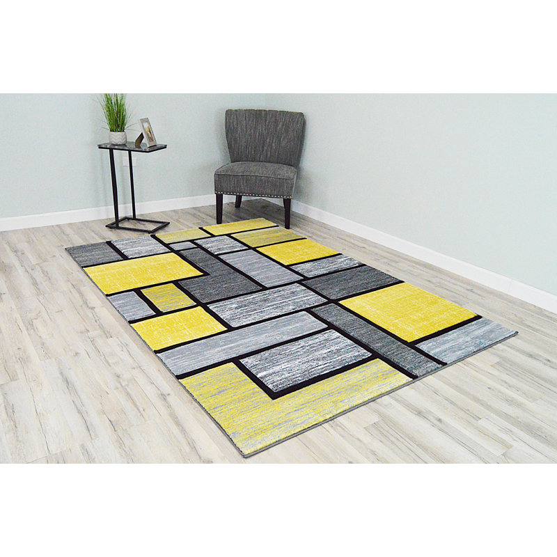 Tapis gris et jaune clair à motif abstrait 3D Mccampbell, Rectangle 9 pi 2 po x 12 pi 5 po