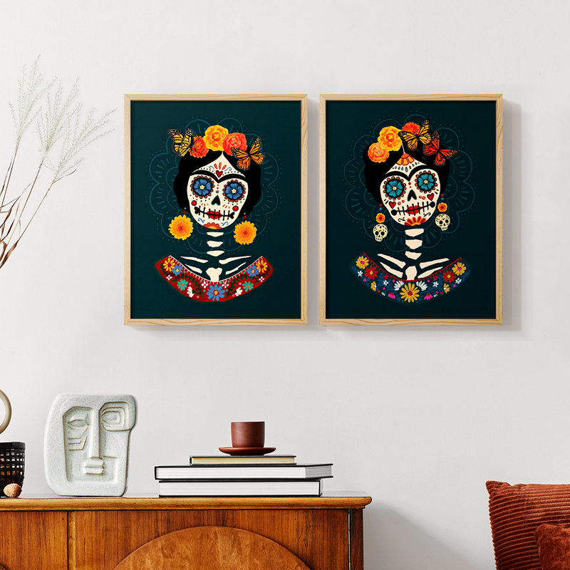 «Bright Day of the Dead», impression encadrée de qualité supérieure - prête à être accrochée - aucun clou requis - aucun clou requis