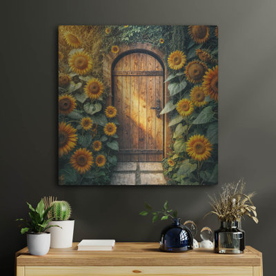 «Rustic Door In Sunflowers» par Rey Klimt, art mural en métal