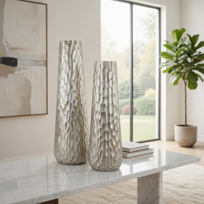 Ensemble de 2 vases décoratifs, fabrication artisanale, argent texturé 23, 20 pouces
