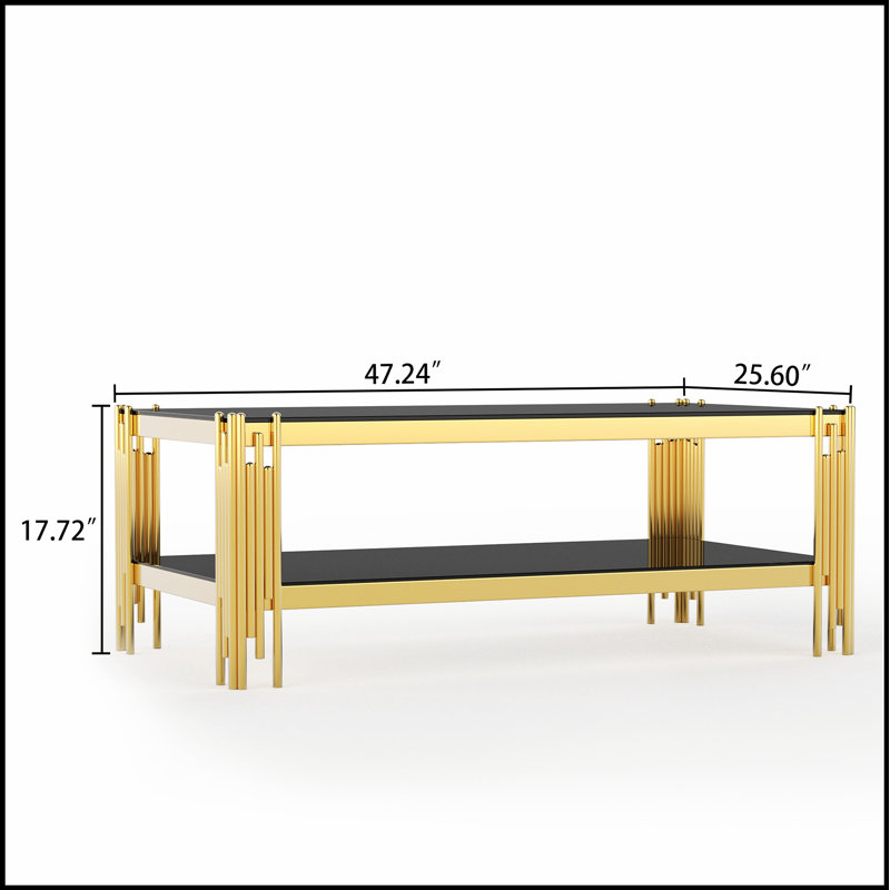 Table basse en verre trempé double couche supérieure et inférieure avec structure en acier inoxydable à finition miroir, parfaite pour les espaces de vie modernes et élégants.