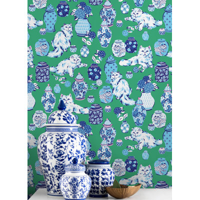 Fancy Cats Green Peel and Stick Wallpaper
