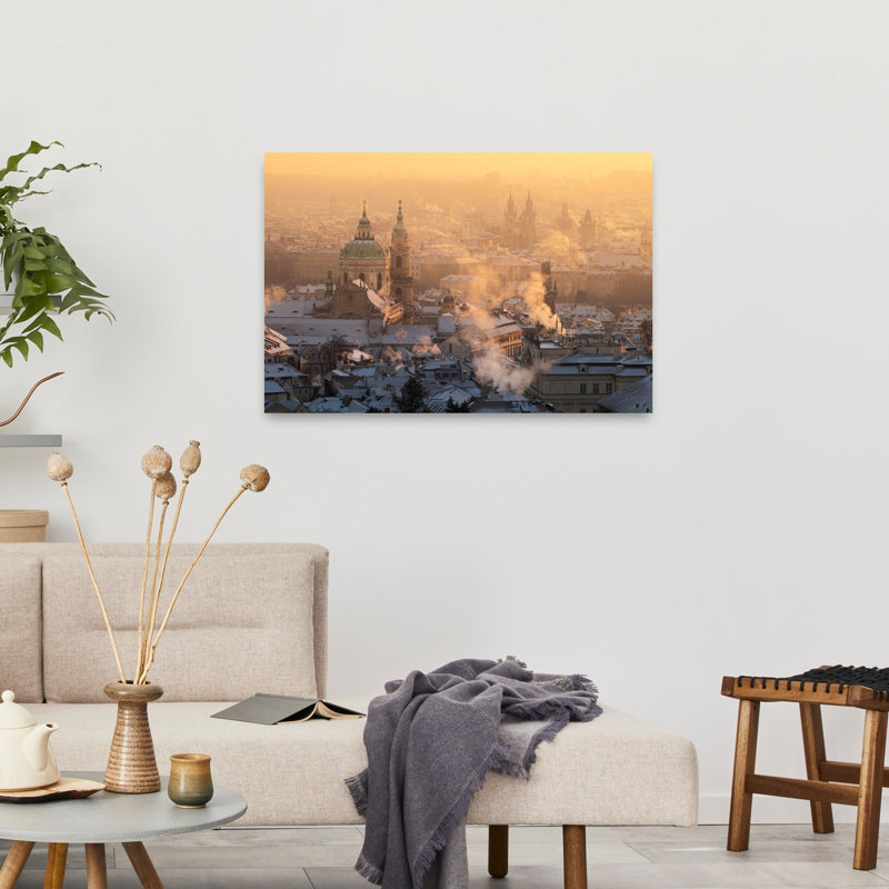 Golden Prague Winter Morning Abstract Contemporary Architecture City Wall Art Print 1 Piece Wrapped Canvas Wall Art