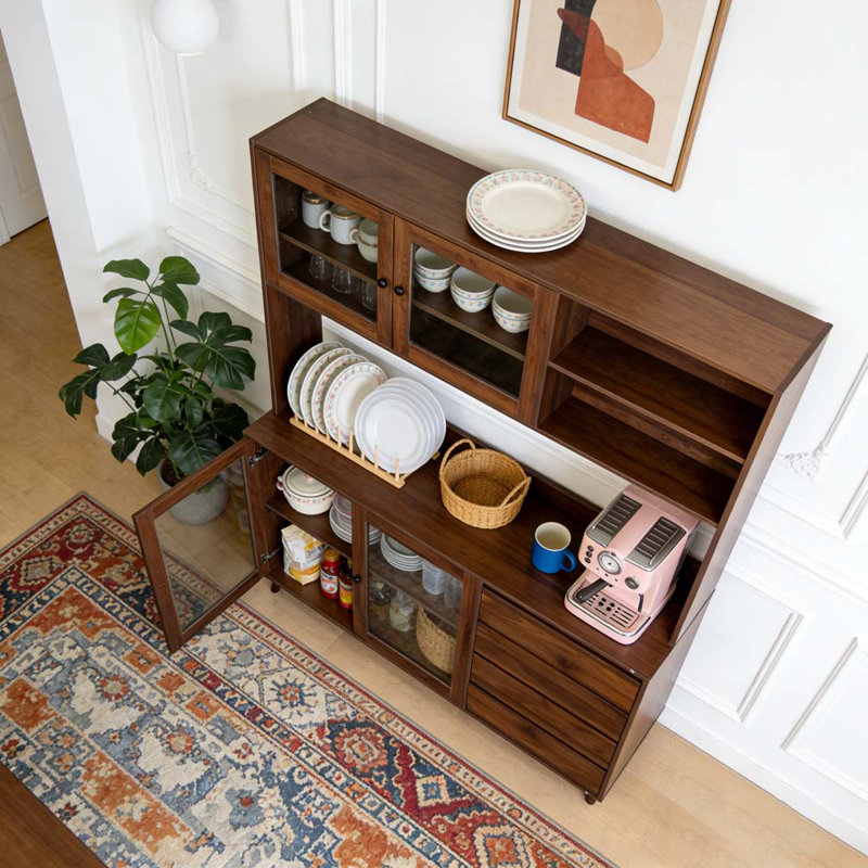 63" W Large Kitchen Hutch Cabinet, Walnut